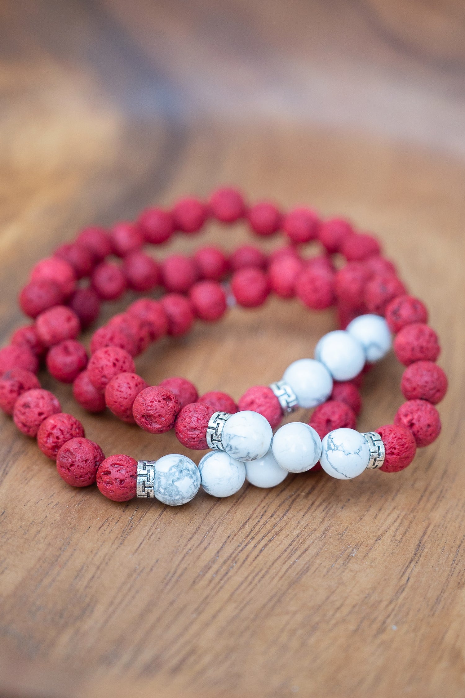 red lavarock bracelet with white howlite accents