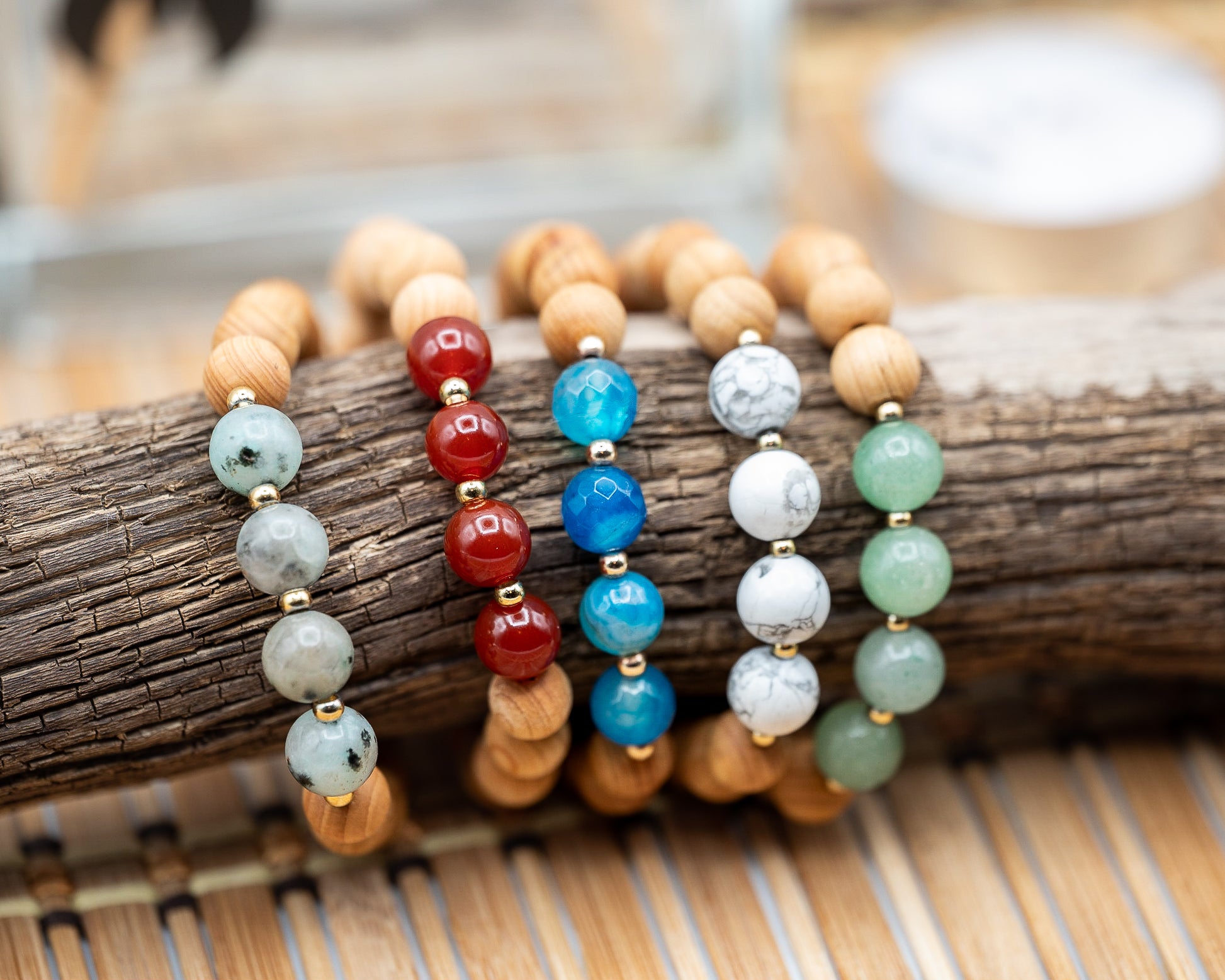 Light Brown Sandalwood Bracelets, with accent gemstones 