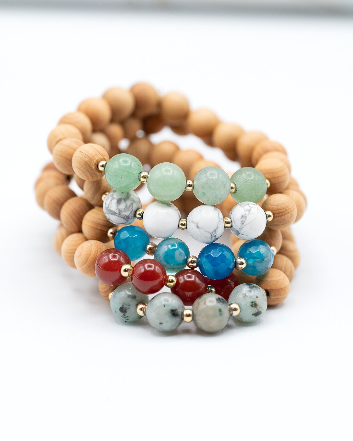 Light Brown Sandalwood Bracelets, with accent gemstones in blue, green, red, white and grey