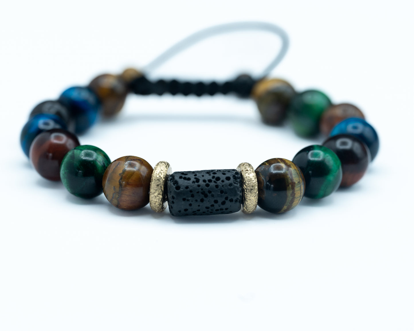 Red, Blue, Yellow and Green Tiger Eye & Lava Rock Bracelet - Spiritual Growth, Stability & Healing