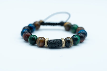 Red, Blue, Yellow and Green Tiger Eye & Lava Rock Bracelet - Spiritual Growth, Stability & Healing